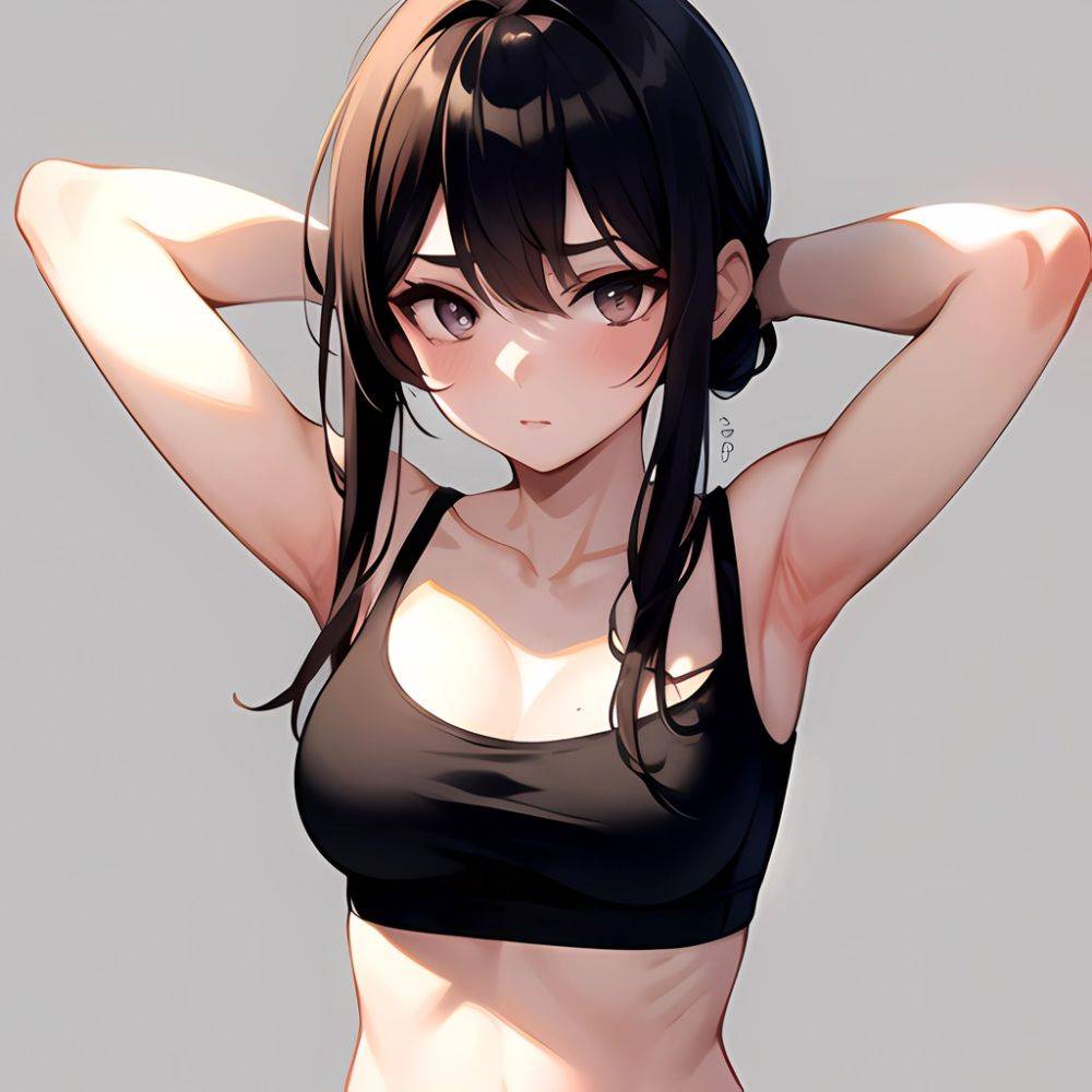 1girl Solo Tank Top Leggings Standing Fully Clothed Pov Simple Background Arms Behind Head, 1565674692 - AIHentai - #main