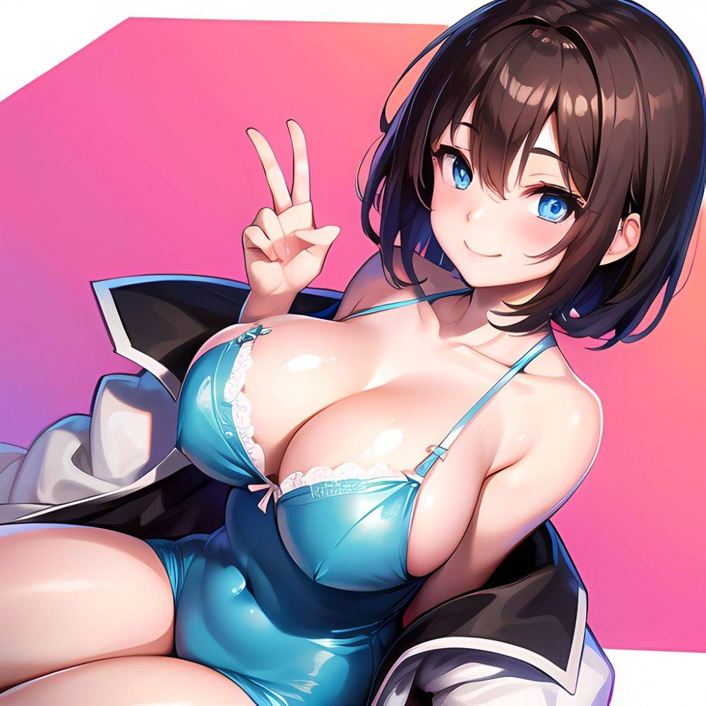 1girl Ai Generated Blue Eyes Blush Breasts Brown Hair Highres Large Breasts Light Smile Looking At Viewer Pink Background Short, 3800094623 - AIHentai - #main