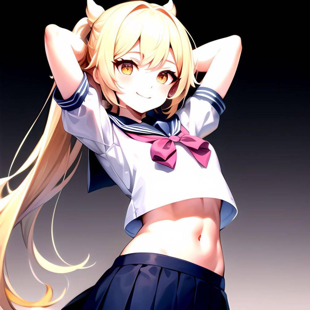 1girl Arms Up Arms Behind Head Blonde Hair Blue Skirt Bow Crop Top Crop Top Overhang Genshin Impact Gradient Background, 4228753614 - AIHentai - #main