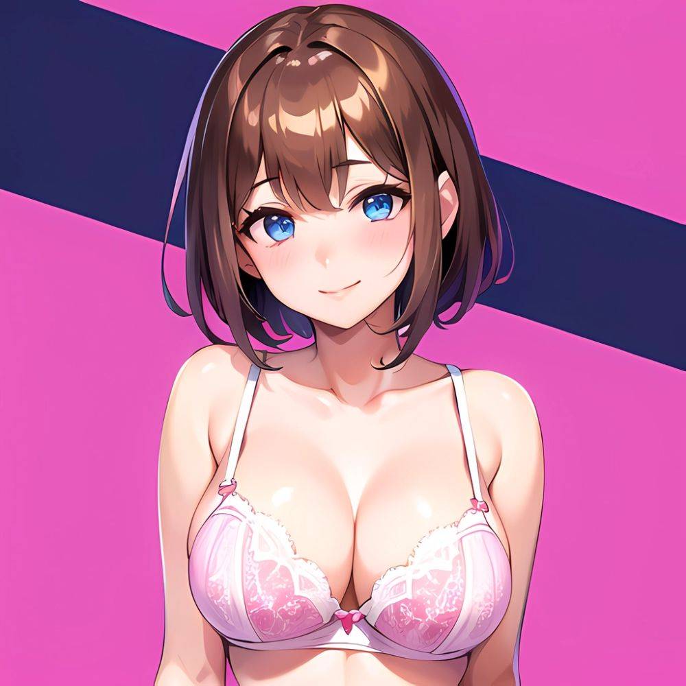 1girl Ai Generated Blue Eyes Blush Breasts Brown Hair Highres Large Breasts Light Smile Looking At Viewer Pink Background Short, 2248343851 - AIHentai - #main