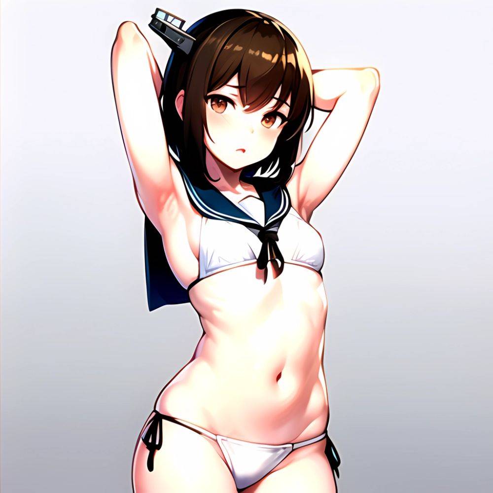 1girl Arms Up Arms Behind Head Bikini Bob Cut Brown Eyes Brown Hair Commentary Request Cosplay Cowboy Shot Flat Chest, 3773691325 - AIHentai - #main