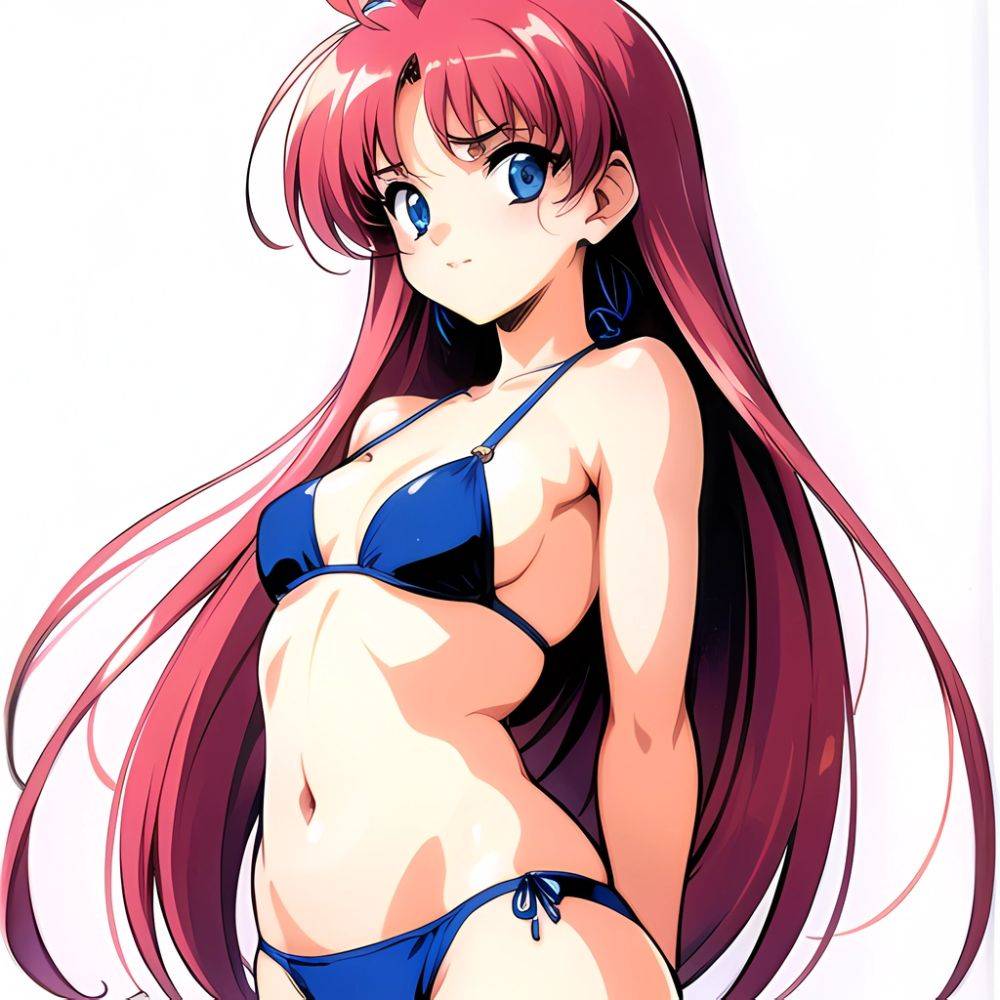 1990s Style 1girl Arms Behind Back 1 4 Bikini Blue Bikini Blue Eyes Cowboy Shot Kokura Masashi Long Hair Looking, 2787191953 - AIHentai - #main