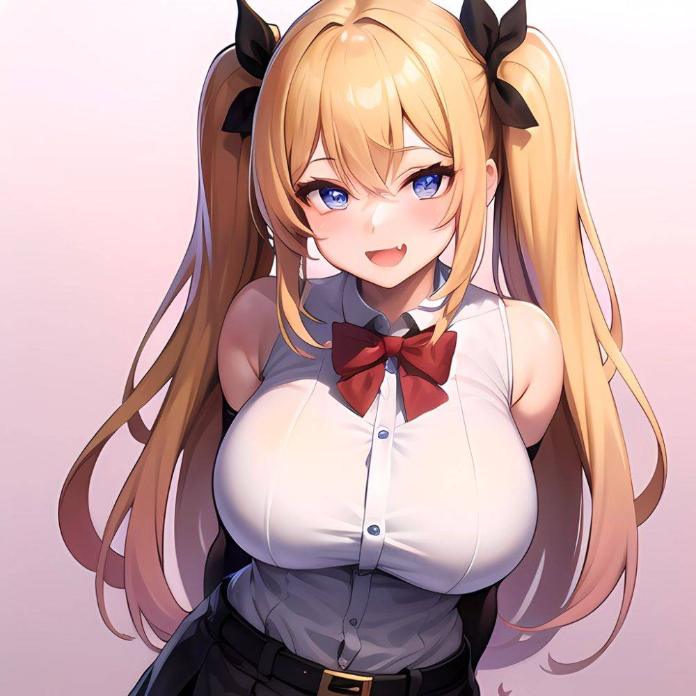 1girl Aymusk Belt Black Skirt Blonde Hair Blue Eyes Blush Bow Bowtie Breasts Curvy Elbow Gloves Fang Gloves Gradient Background, 2602568248 - AIHentai - #main