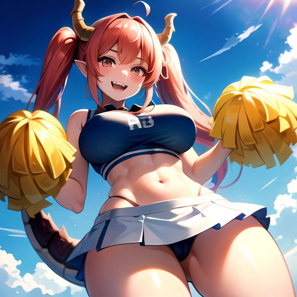 1girl Absurdres White Skirt Whitefrok Breasts Cheerleader Dragon Girl Dragon Horns Highres Holding Holding Pom Poms Horns Huge B, 4257718505 - AIHentai - #main