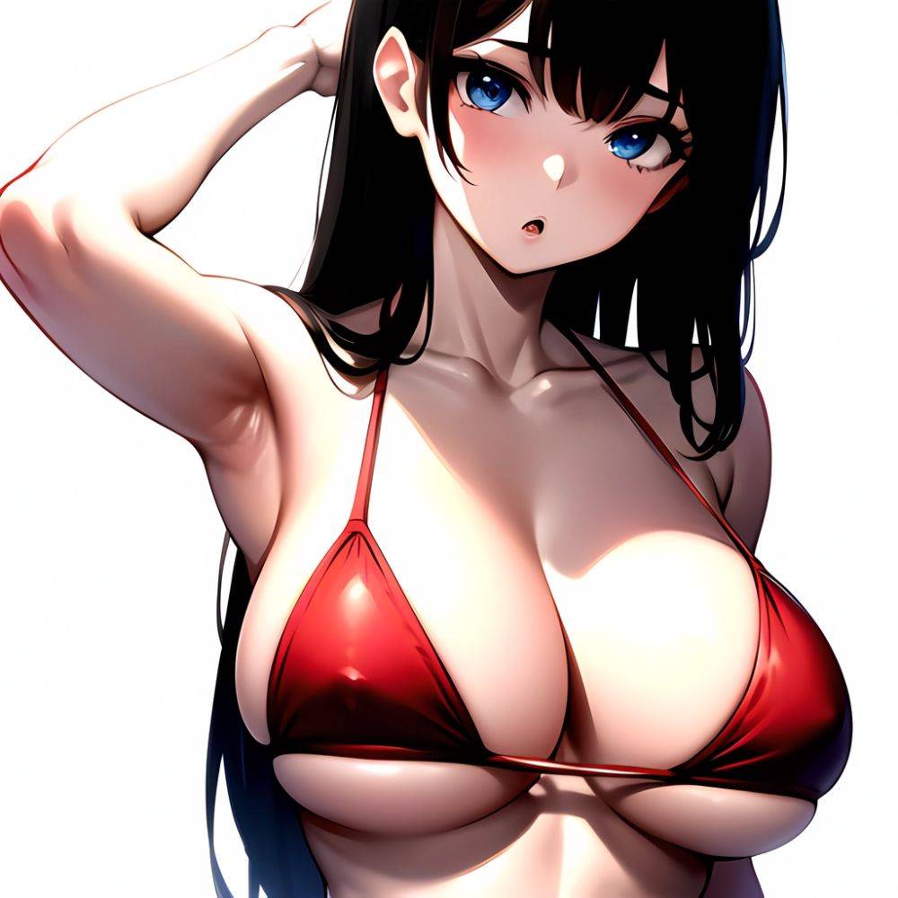 1girl O Absurdres Bikini Red Bikini Black Hair Blue Eyes Breasts Cleavage Collarbone Commentary Request Highres Large Breasts Lo, 545316741 - AIHentai - #main