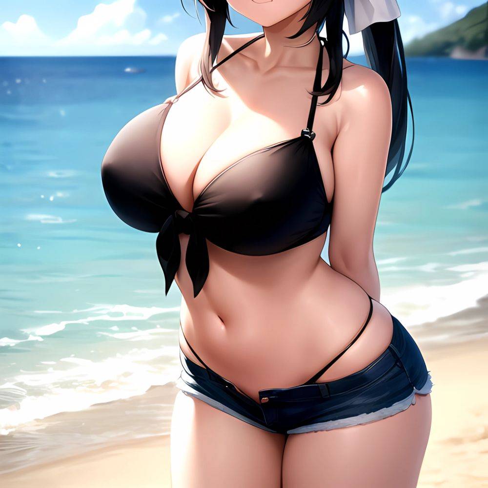 1girl Arms Behind Back Beach Bikini Bikini Under Shorts Black Bikini Black Hair Blurry Blurry Background Breasts Cleavage Closed, 2254130961 - AIHentai - #main