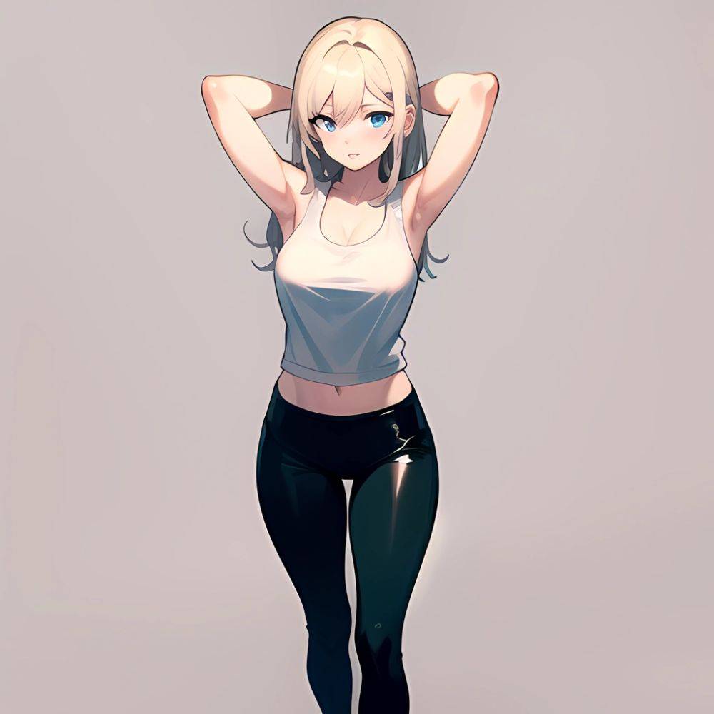 1girl Solo Tank Top Leggings Blue Eyes Standing Fully Clothed Pov Simple Background Arms Behind Head, 4253023086 - AIHentai - #main