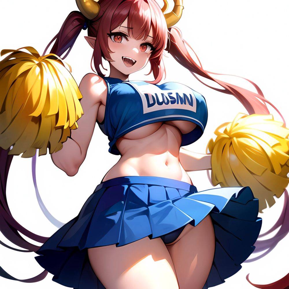 1girl Absurdres Blue Skirt Bluefrok Breasts Cheerleader Dragon Girl Dragon Horns Highres Holding Holding Pom Poms Horns Huge Bre, 2679602335 - AIHentai - #main