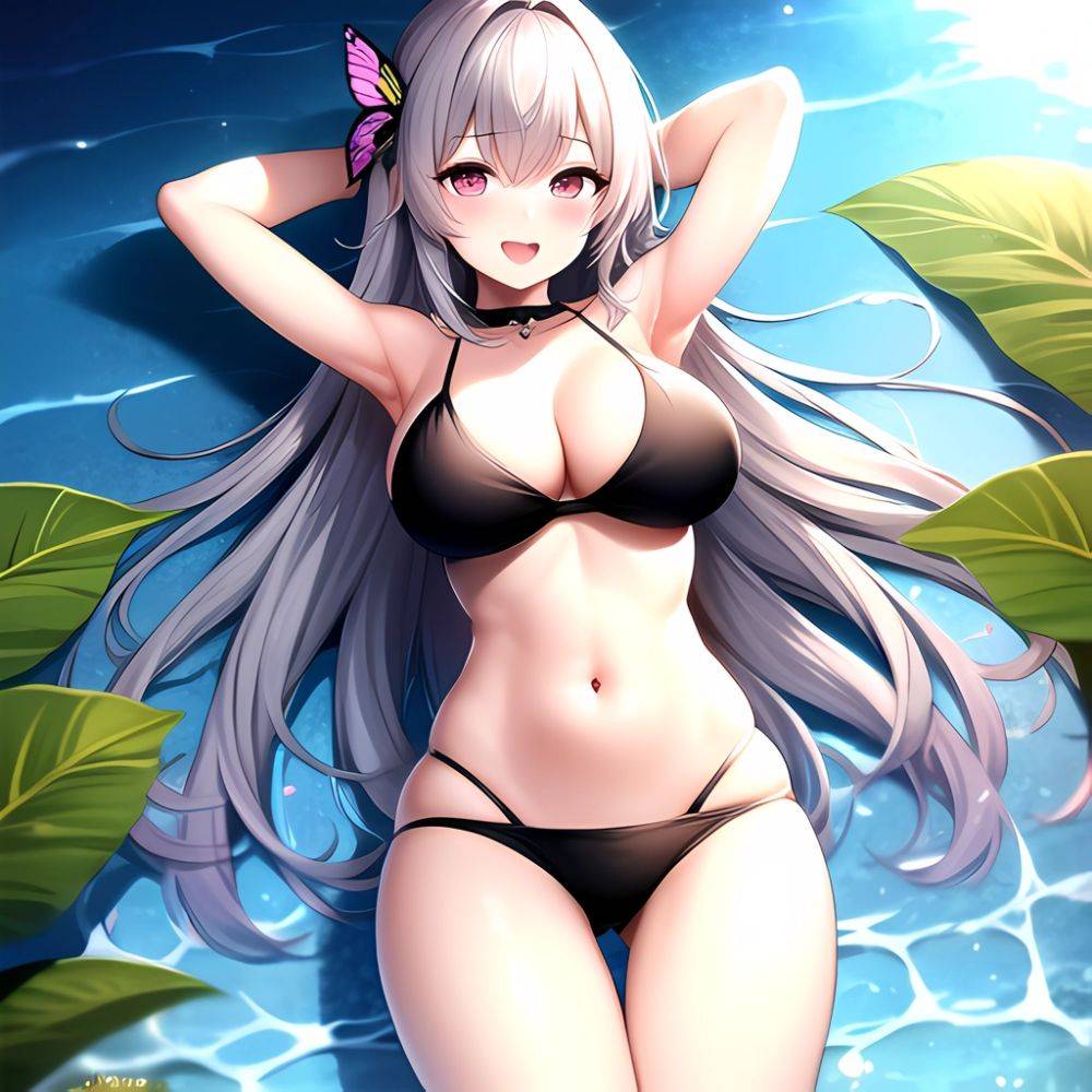 1girl D Bare Arms Bare Shoulders Bikini Black Bikini Breasts Bug Butterfly Butterfly Hair Ornament Choker Cleavage Feet Out Of, 2430816306 - AIHentai - #main
