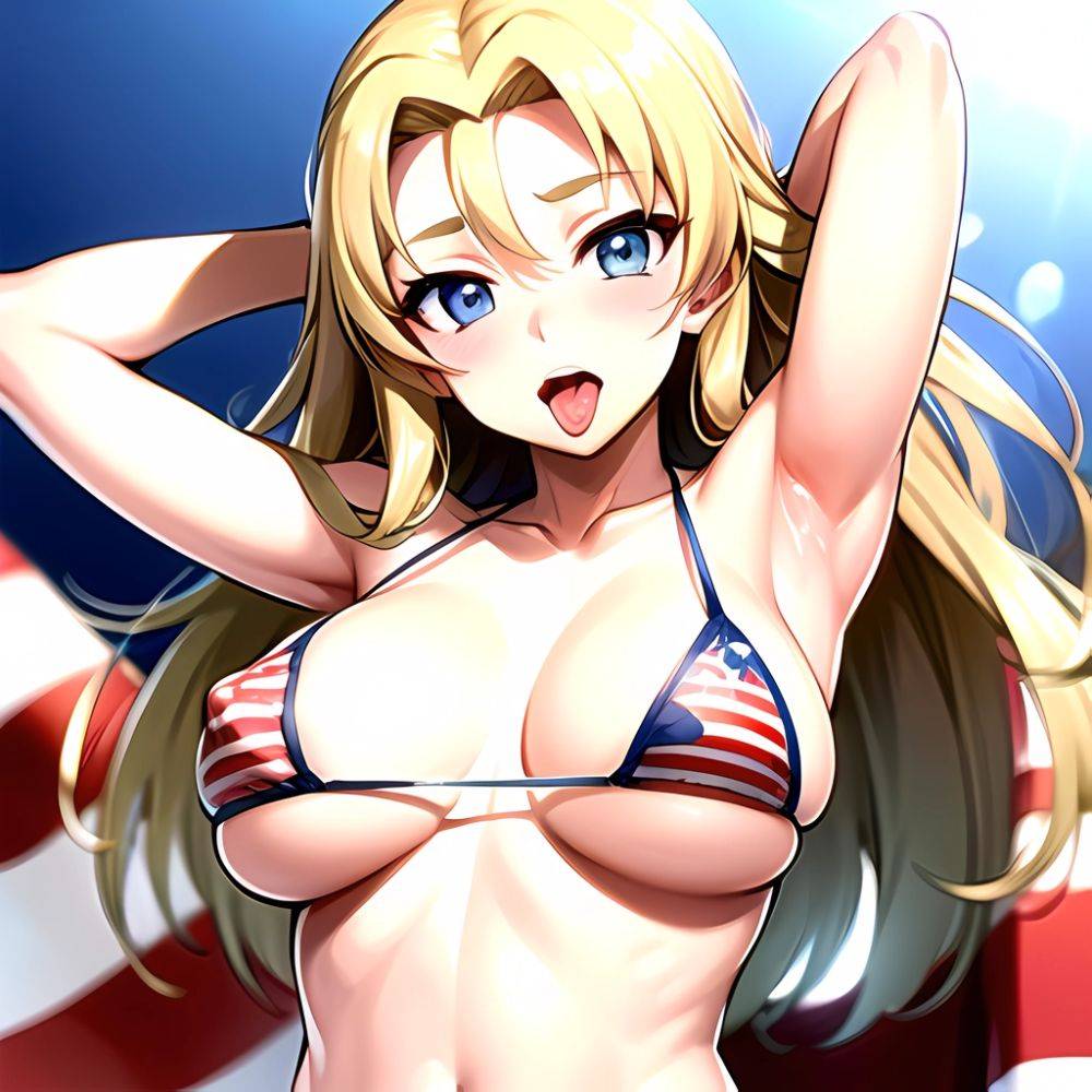 1girl American Flag Bikini Armpits Arms Behind Head Bikini Blonde Hair Blue Eyes Blush Breasts Covered Erect Nipples Flag Print, 4010044271 - AIHentai - #main