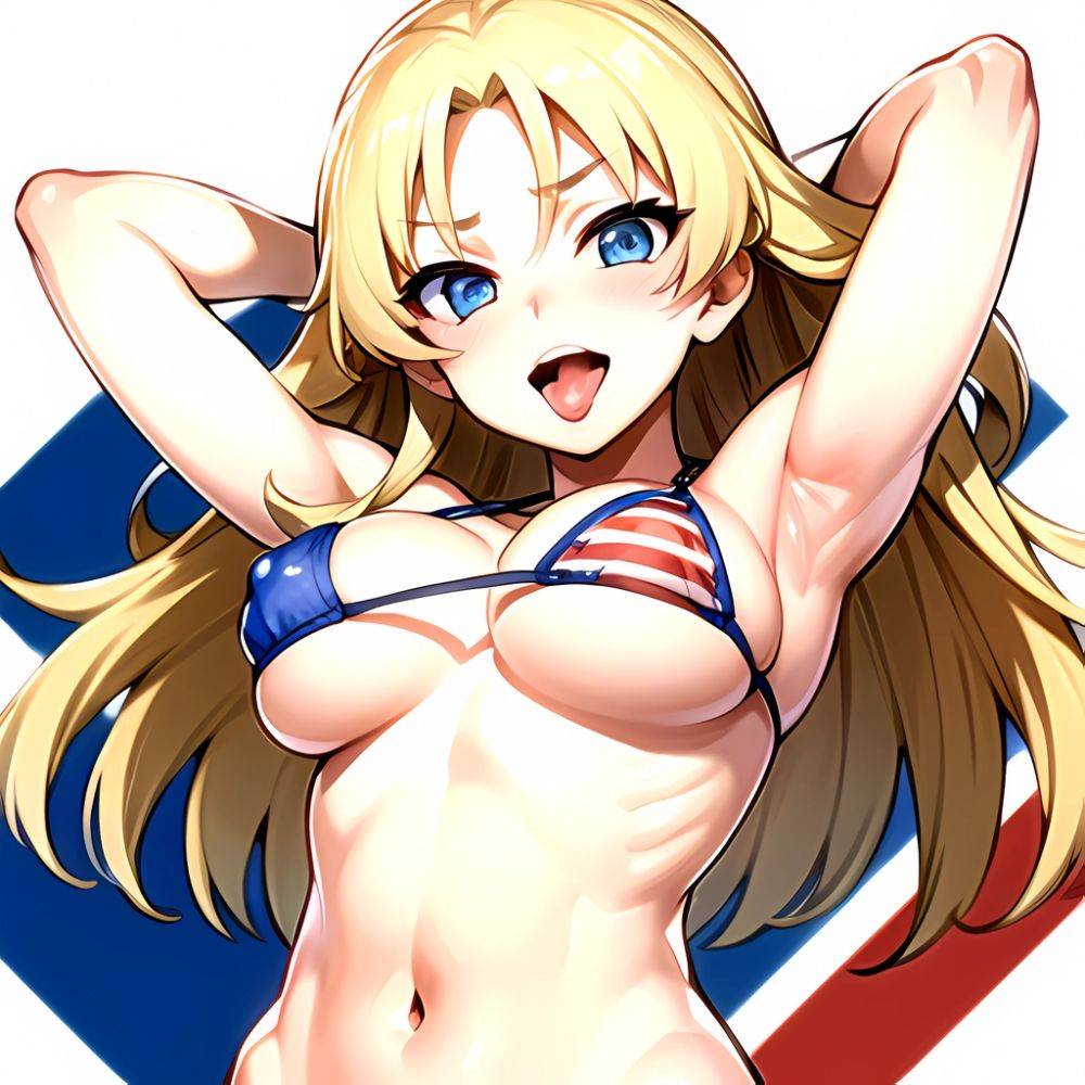 1girl American Flag Bikini Armpits Arms Behind Head Bikini Blonde Hair Blue Eyes Blush Breasts Covered Erect Nipples Flag Print, 3151710519 - AIHentai - #main