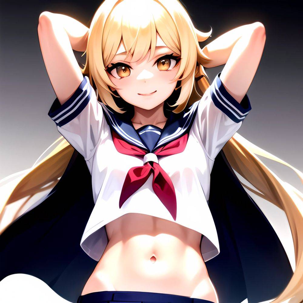 1girl Arms Up Arms Behind Head Blonde Hair Blue Skirt Bow Crop Top Crop Top Overhang Genshin Impact Gradient Background, 345568930 - AIHentai - #main