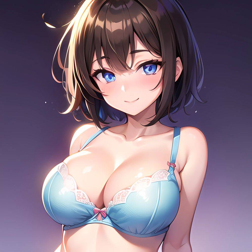 1girl Ai Generated Blue Eyes Blush Breasts Brown Hair Highres Large Breasts Light Smile Looking At Viewer Purple Background Shor, 1924959945 - AIHentai - #main