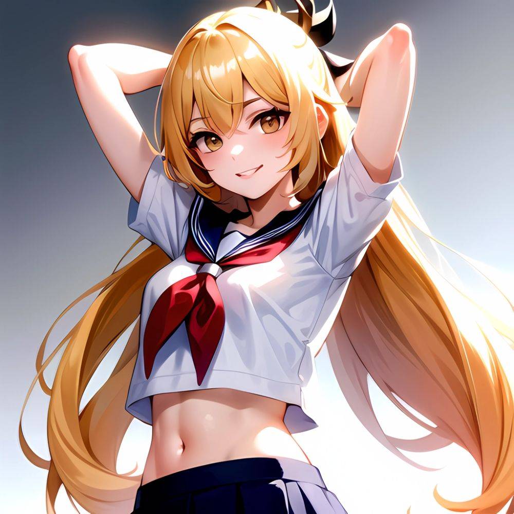 1girl Arms Up Arms Behind Head Blonde Hair Blue Skirt Bow Crop Top Crop Top Overhang Genshin Impact Gradient Background, 2322424126 - AIHentai - #main