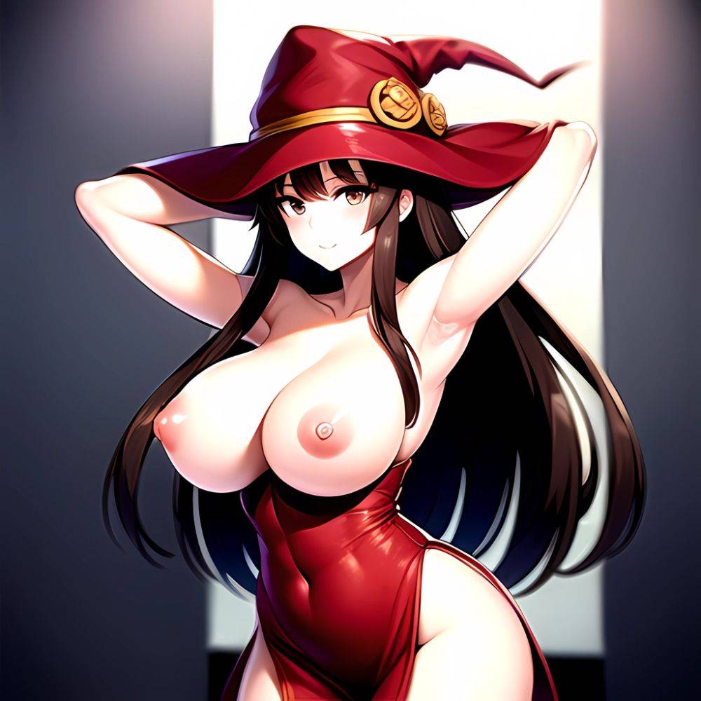 1girl Absurdres Bare Shoulders Black Headwear Breasts Breasts Out Brown Eyes Brown Hair Cleavage Dragon 039 S Crown Dress Highre, 1378983224 - AIHentai - #main