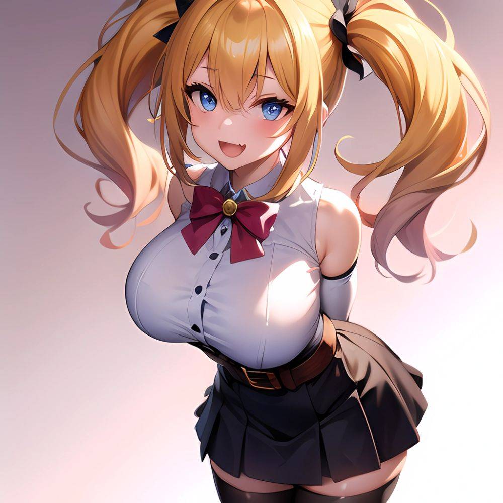 1girl Aymusk Belt Black Skirt Blonde Hair Blue Eyes Blush Bow Bowtie Breasts Curvy Elbow Gloves Fang Gloves Gradient Background, 337022358 - AIHentai - #main