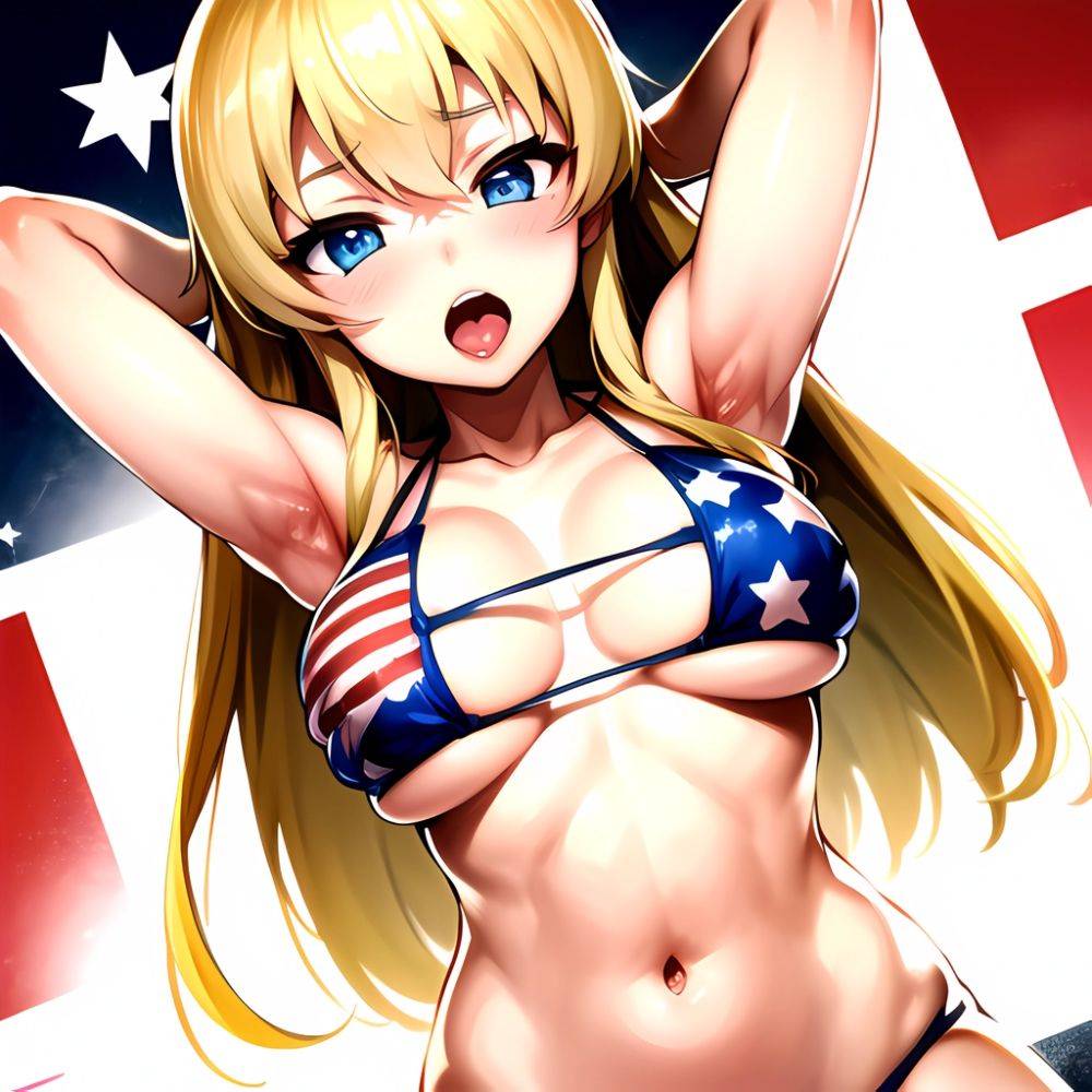 1girl American Flag Bikini Armpits Arms Behind Head Bikini Blonde Hair Blue Eyes Blush Breasts Covered Erect Nipples Flag Print, 2441965761 - AIHentai - #main