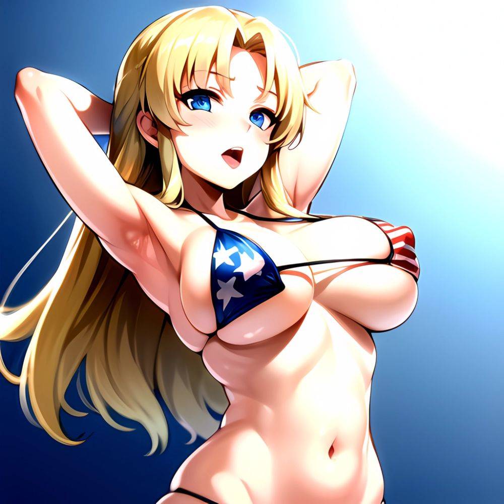 1girl American Flag Bikini Armpits Arms Behind Head Bikini Blonde Hair Blue Eyes Blush Breasts Covered Erect Nipples Flag Print, 336677300 - AIHentai - #main