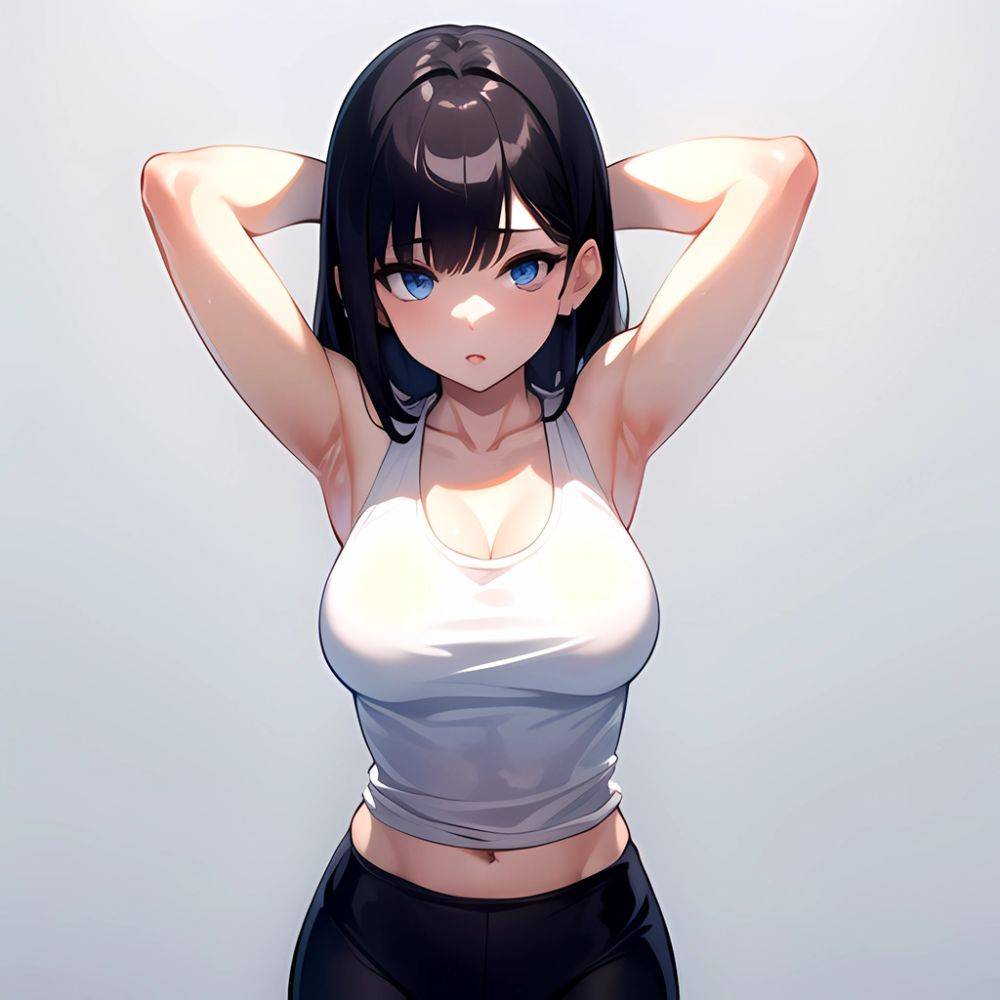 1girl Solo Tank Top Leggings Blue Eyes Standing Fully Clothed Pov Simple Background Arms Behind Head, 2373274134 - AIHentai - #main