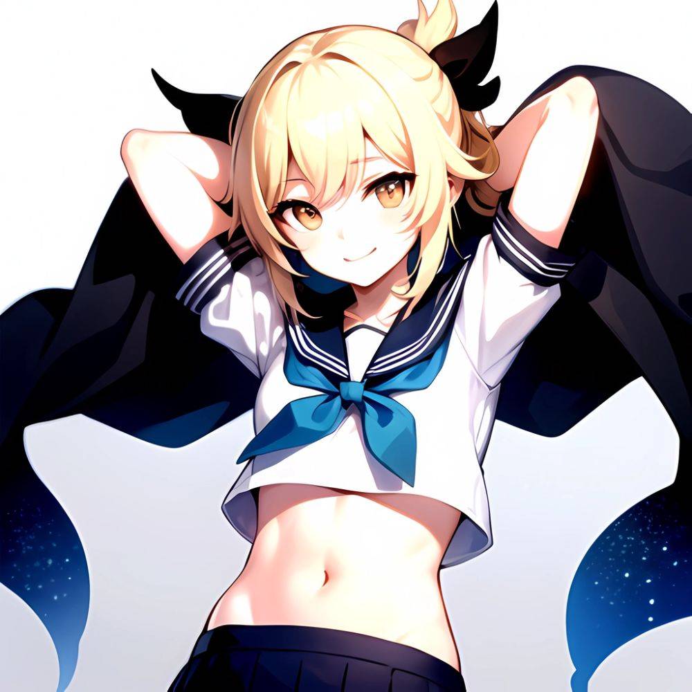 1girl Arms Up Arms Behind Head Blonde Hair Blue Skirt Bow Crop Top Crop Top Overhang Genshin Impact Gradient Background, 2171232049 - AIHentai - #main