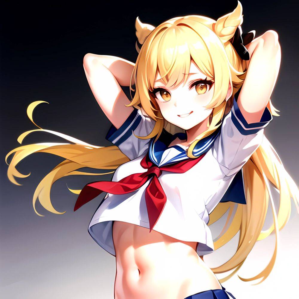 1girl Arms Up Arms Behind Head Blonde Hair Blue Skirt Bow Crop Top Crop Top Overhang Genshin Impact Gradient Background, 2658681766 - AIHentai - #main