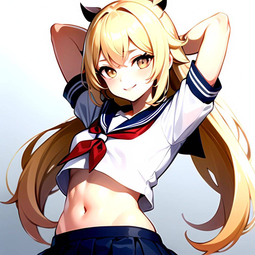 1girl Arms Up Arms Behind Head Blonde Hair Blue Skirt Bow Crop Top Crop Top Overhang Genshin Impact Gradient Background, 3132066354 - AIHentai - #main