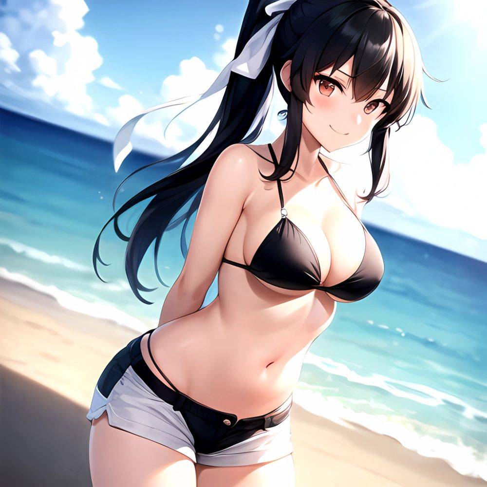 1girl Arms Behind Back Beach Bikini Bikini Under Shorts Black Bikini Black Hair Blurry Blurry Background Breasts Cleavage Closed, 2915022791 - AIHentai - #main