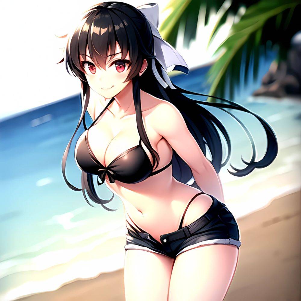 1girl Arms Behind Back Beach Bikini Bikini Under Shorts Black Bikini Black Hair Blurry Blurry Background Breasts Cleavage Closed, 3269373516 - AIHentai - #main