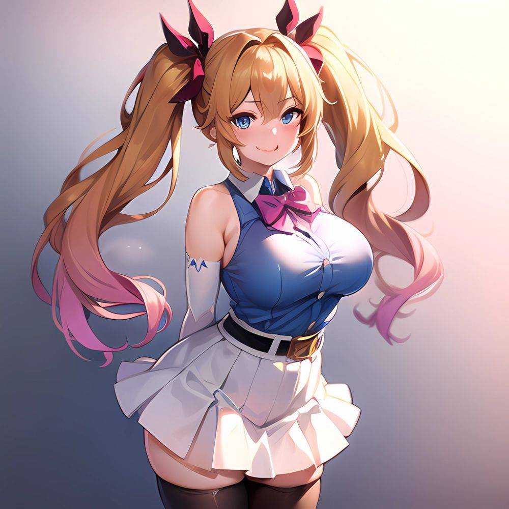 1girl Aymusk Belt White Skirt Blonde Hair Blue Eyes Blush Bow Bowtie Breasts Curvy Elbow Gloves Fang Gloves Gradient Background, 426800464 - AIHentai - #main