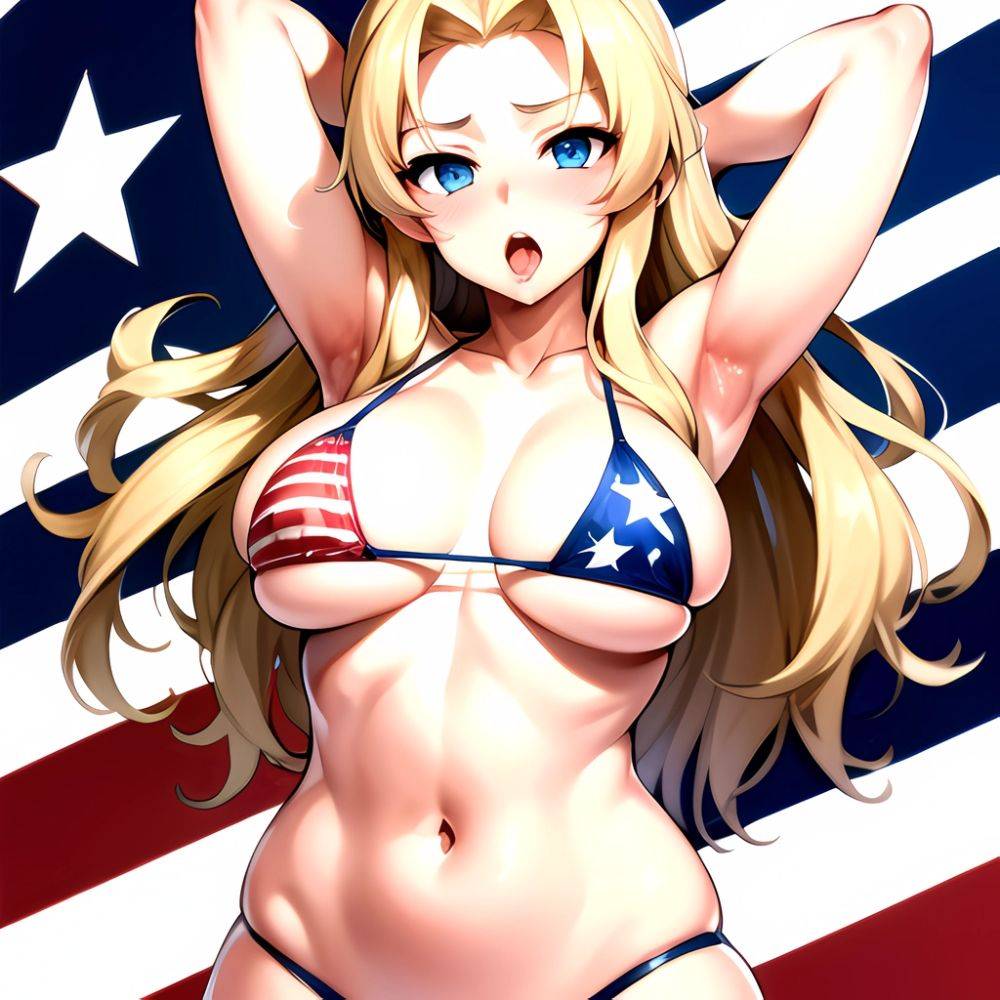 1girl American Flag Bikini Armpits Arms Behind Head Bikini Blonde Hair Blue Eyes Blush Breasts Covered Erect Nipples Flag Print, 2357072791 - AIHentai - #main