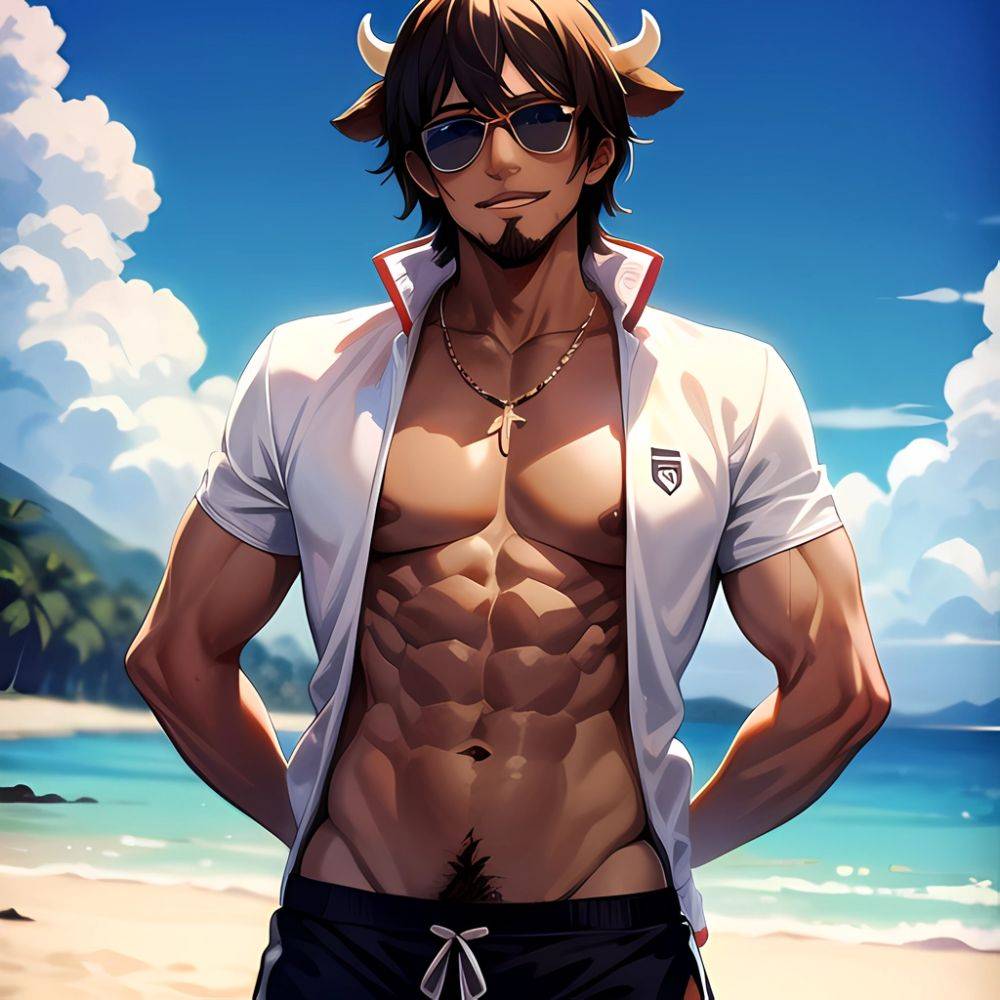 Abs Adjusting Eyewear Atlas Vos Bara Beach Bracelet Brown Eyes Brown Hair Bulge Collarbone Commission Cow Horns Dark Skinned Mal, 39227795 - AIHentai - #main