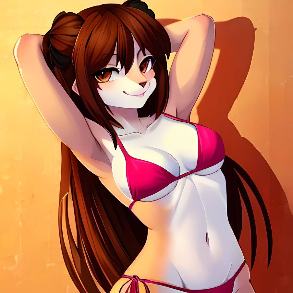 1girl Armpits Arms Behind Head Bikini Brown Eyes Brown Hair Cowboy Shot Dot Nose Flat Chest From Side Hair Ornament, 3029993276 - AIHentai - #main