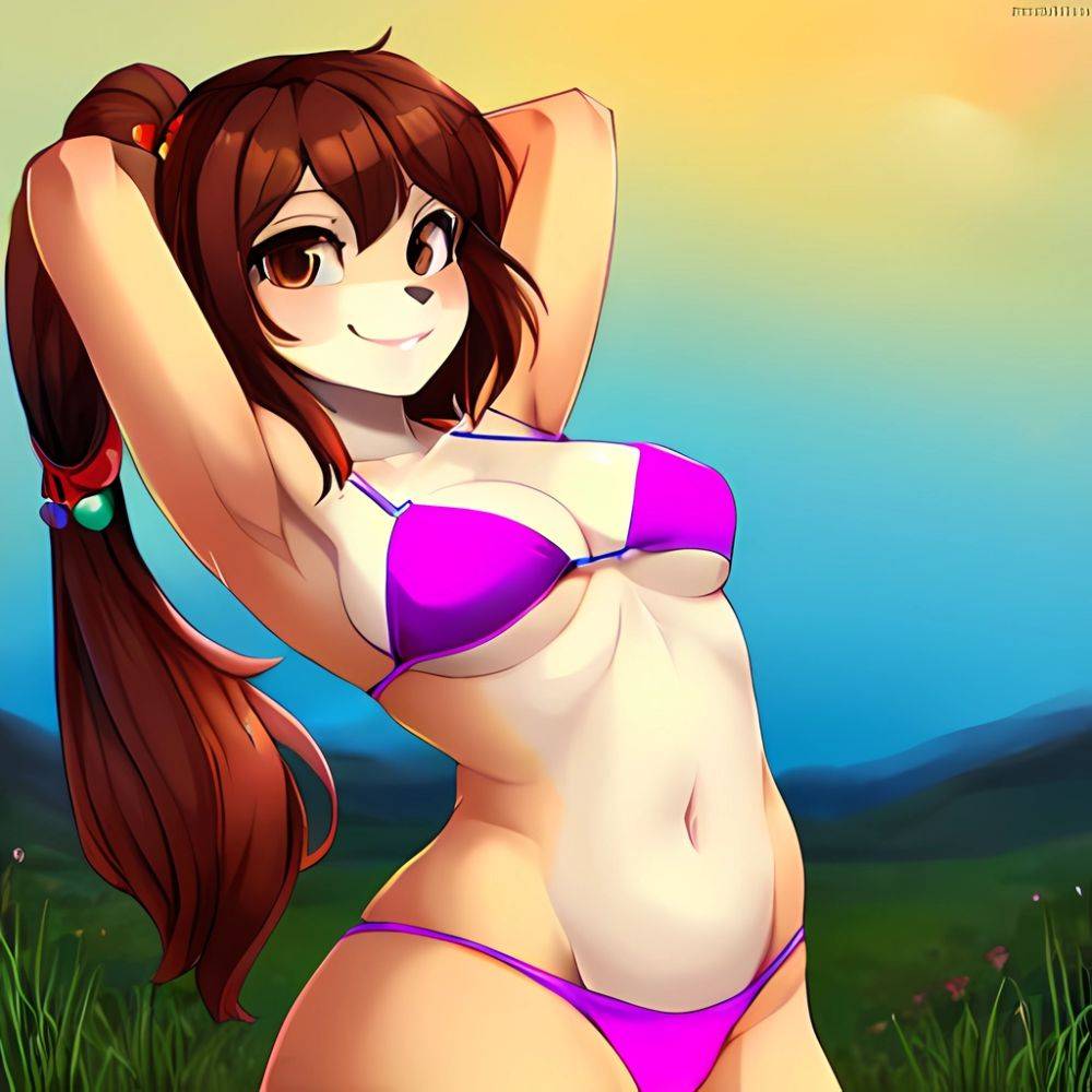 1girl Armpits Arms Behind Head Bikini Brown Eyes Brown Hair Cowboy Shot Dot Nose Flat Chest From Side Hair Ornament, 4172260743 - AIHentai - #main