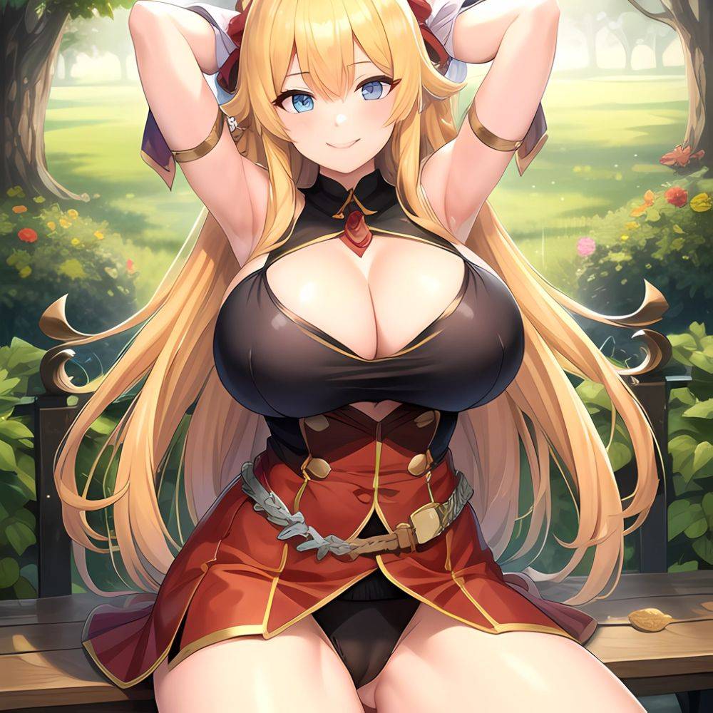 1girl Blonde Hair Breasts Cleavage Grenadier Manga Haganef Huge Breasts Long Hair Nipples Pussy Smile Tendou Rushuna Arms Behind, 3369890286 - AIHentai - #main