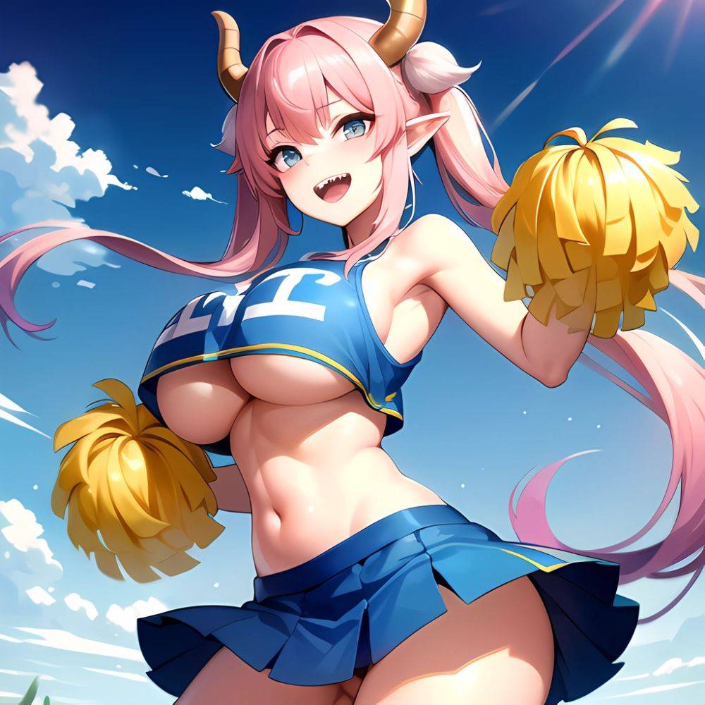 1girl Absurdres Blue Skirt Bluefrok Breasts Cheerleader Dragon Girl Dragon Horns Highres Holding Holding Pom Poms Horns Huge Bre, 1334916276 - AIHentai - #main