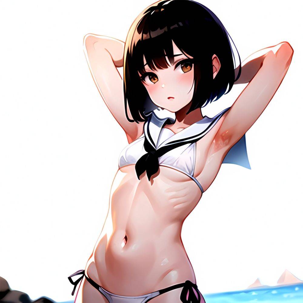 1girl Arms Up Arms Behind Head Bikini Bob Cut Brown Eyes Brown Hair Cosplay Cowboy Shot Flat Chest Headgear Inverted, 4289613310 - AIHentai - #main