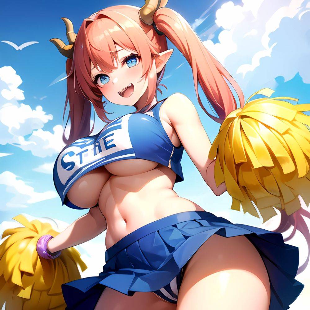 1girl Absurdres Blue Skirt Bluefrok Breasts Cheerleader Dragon Girl Dragon Horns Highres Holding Holding Pom Poms Horns Huge Bre, 1444714248 - AIHentai - #main