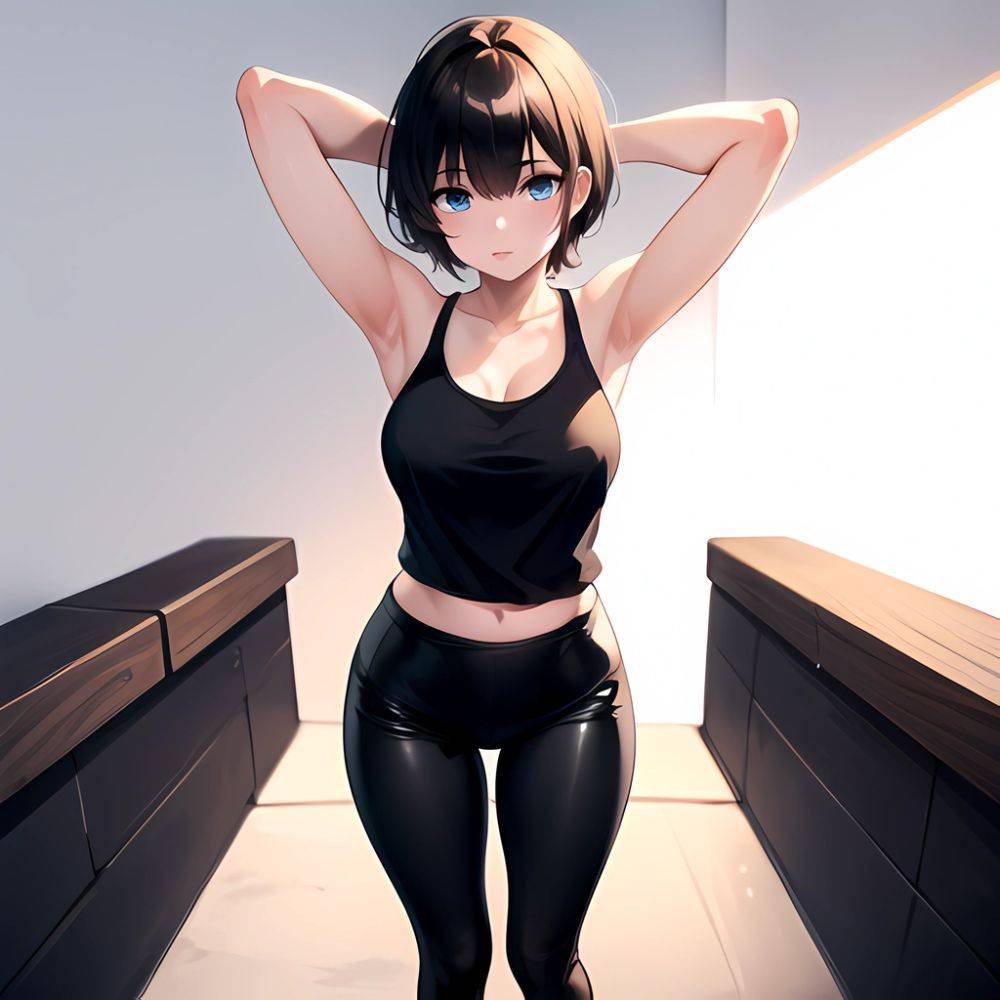 1girl Solo Tank Top Leggings Blue Eyes Standing Fully Clothed Pov Simple Background Arms Behind Head, 1290531711 - AIHentai - #main