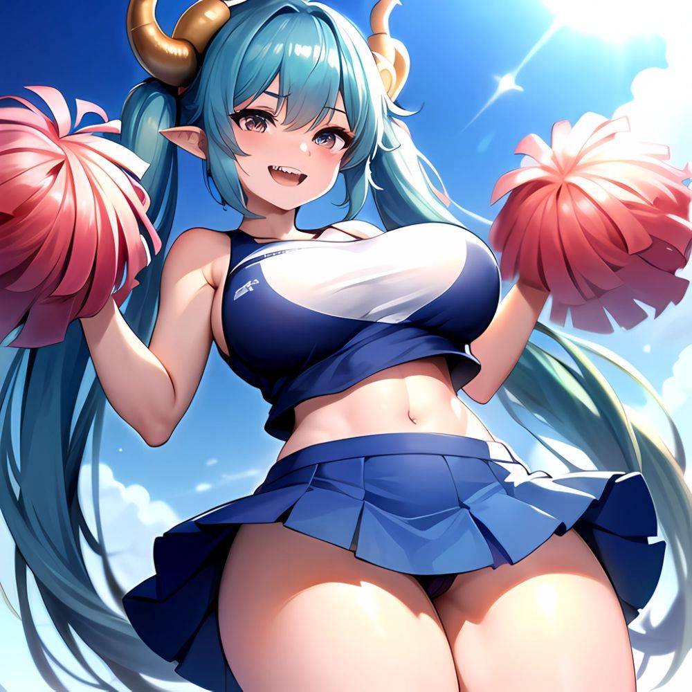 1girl Absurdres Blue Skirt Bluefrok Breasts Cheerleader Dragon Girl Dragon Horns Highres Holding Holding Pom Poms Horns Huge Bre, 1465235391 - AIHentai - #main