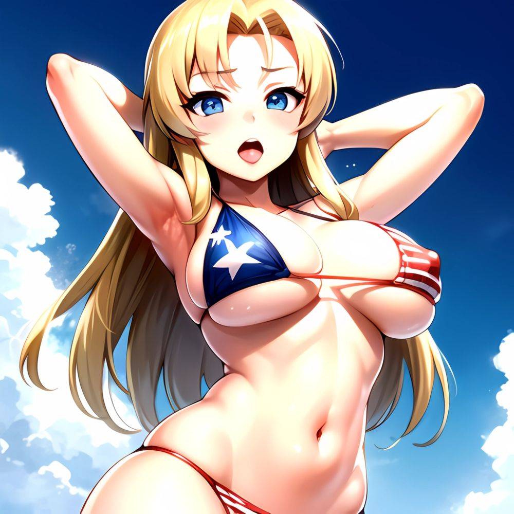 1girl American Flag Bikini Armpits Arms Behind Head Bikini Blonde Hair Blue Eyes Blush Breasts Covered Erect Nipples Flag Print, 1143140471 - AIHentai - #main