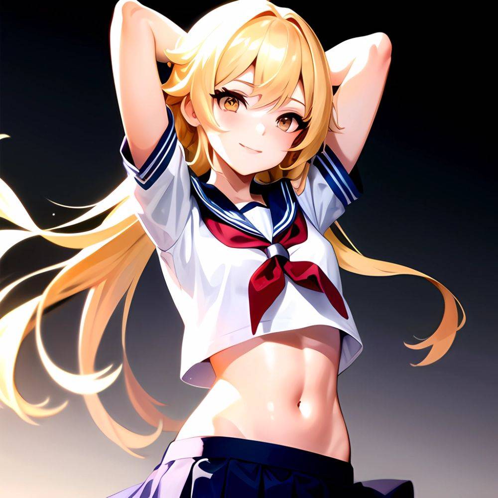 1girl Arms Up Arms Behind Head Blonde Hair Blue Skirt Bow Crop Top Crop Top Overhang Genshin Impact Gradient Background, 3715691555 - AIHentai - #main