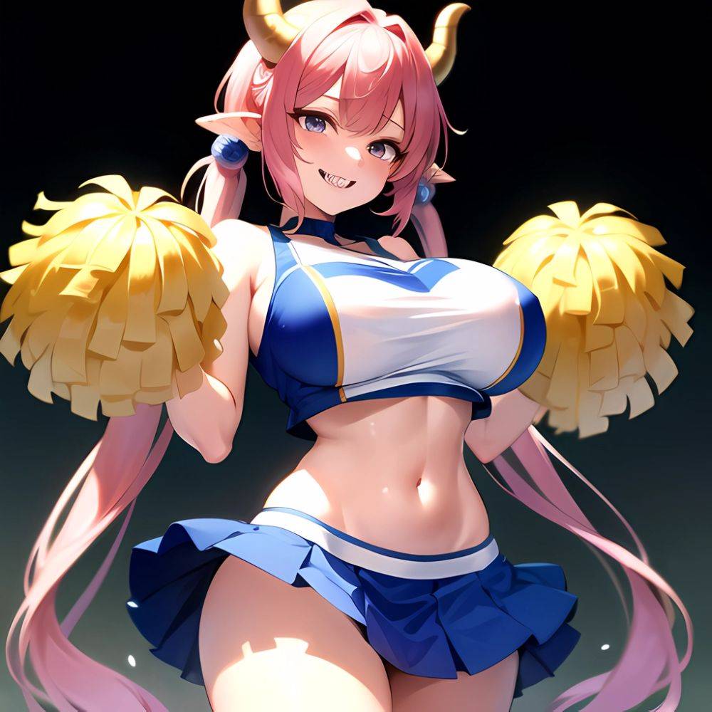 1girl Absurdres Blue Skirt Bluefrok Breasts Cheerleader Dragon Girl Dragon Horns Highres Holding Holding Pom Poms Horns Huge Bre, 1613527980 - AIHentai - #main