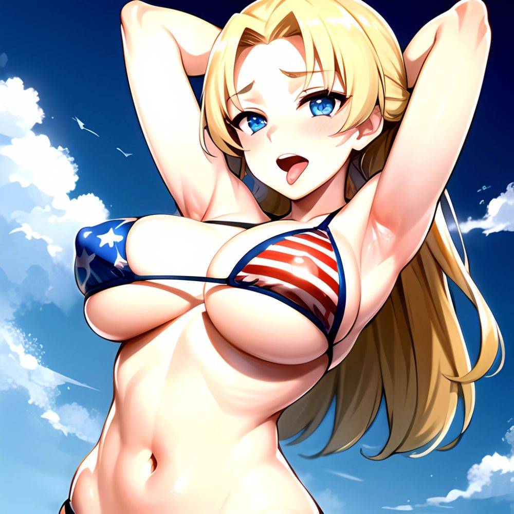 1girl American Flag Bikini Armpits Arms Behind Head Bikini Blonde Hair Blue Eyes Blush Breasts Covered Erect Nipples Flag Print, 2607662149 - AIHentai - #main