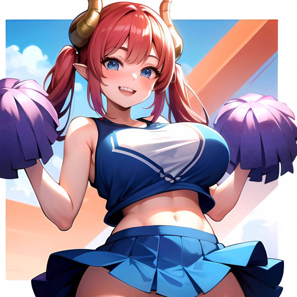 1girl Absurdres Blue Skirt Bluefrok Breasts Cheerleader Dragon Girl Dragon Horns Highres Holding Holding Pom Poms Horns Huge Bre, 3715701725 - AIHentai - #main