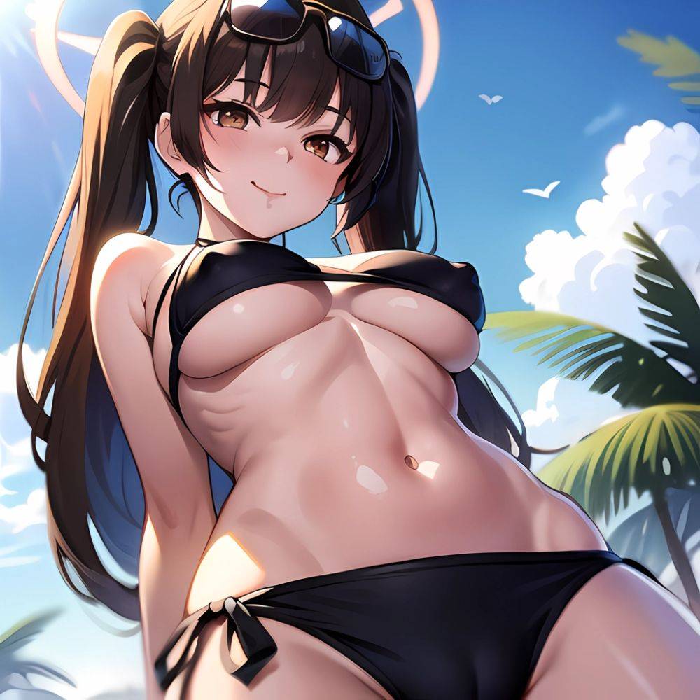 1girl Bikini Black Bikini Blue Archive Blue Sky Breasts Brown Eyes Brown Hair Closed Mouth Clothes Lift Cloud Covered Nipples, 927362758 - AIHentai - #main