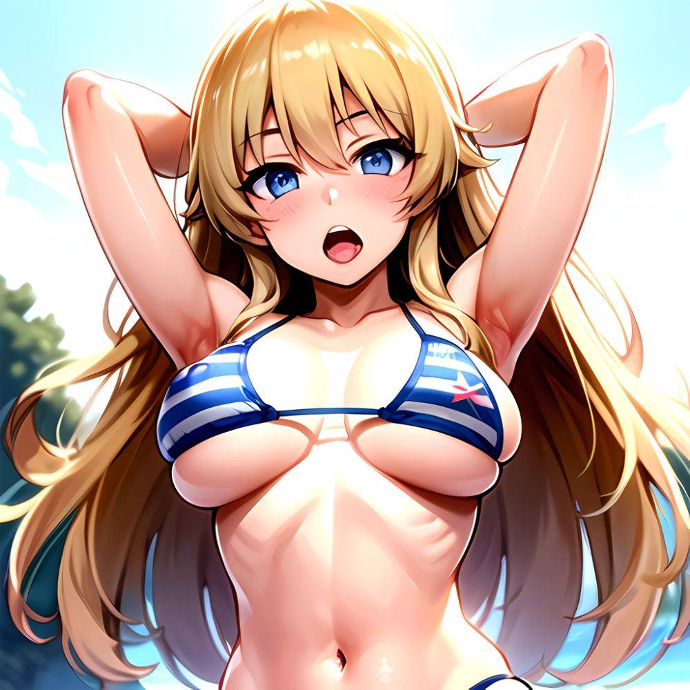 1girl American Flag Bikini Armpits Arms Behind Head Bikini Blonde Hair Blue Eyes Blush Breasts Covered Erect Nipples Flag Print, 620189219 - AIHentai - #main