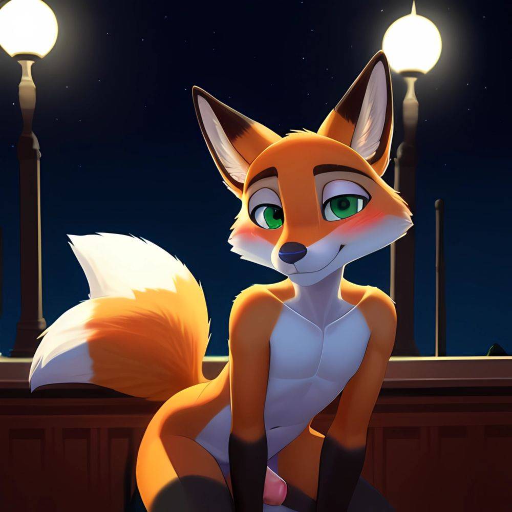 Solo Male Fox Anthro Zootopia Style Sitting Down Detailed Background Furry Slim Smiling Balls Sheath Soft Shading Nighttime Gree, 1077973449 - AIHentai - #main