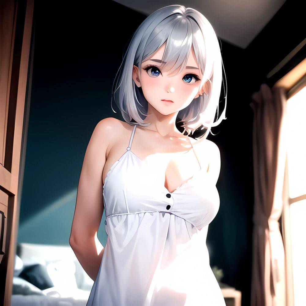 1girl Sexy Blue Eyes Silver Hair Arms Behind Back Facing The Camera Looking At The Camera, 368838199 - AIHentai - #main