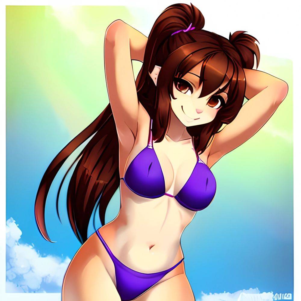 1girl Adjusting Hair Armpits Arms Behind Head Bikini Brown Eyes Brown Hair Cowboy Shot Dot Nose Flat Chest From Side, 2490838535 - AIHentai - #main