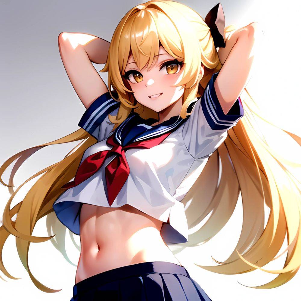 1girl Arms Up Arms Behind Head Blonde Hair Blue Skirt Bow Crop Top Crop Top Overhang Genshin Impact Gradient Background, 934029849 - AIHentai - #main